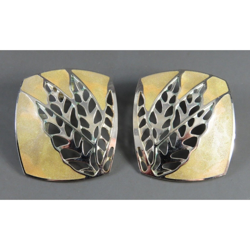 Vintage EDGAR BEREBI EARRINGS Cream Shimmer Enamel SILVER CUT OUT LEAVES FROND